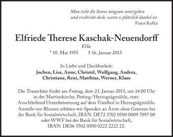 Traueranzeige von Elfriede Therese Kaschak-Neuendorff von Süddeutsche Zeitung