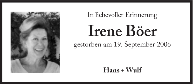  Traueranzeige für Irene Böer vom 19.09.2015 aus Süddeutsche Zeitung