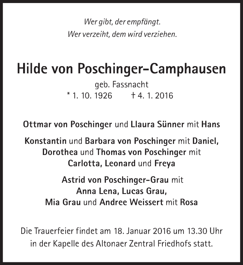  Traueranzeige für Hilde von Poschinger-Camphausen vom 09.01.2016 aus Süddeutsche Zeitung
