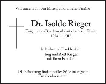 Traueranzeige von Isolde Rieger von Süddeutsche Zeitung