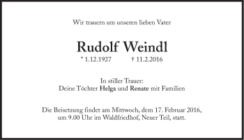 Traueranzeige von Rudolf Weindl von Süddeutsche Zeitung