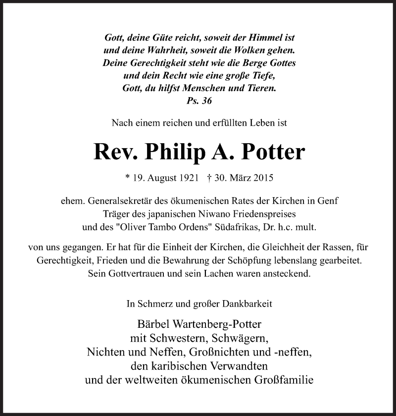  Traueranzeige für Philip A.  Potter vom 04.04.2015 aus Süddeutsche Zeitung