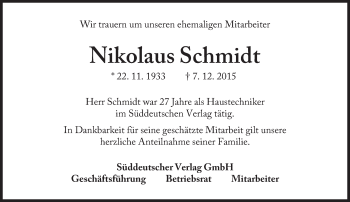 Traueranzeige von Nikolaus Schmidt von Süddeutsche Zeitung