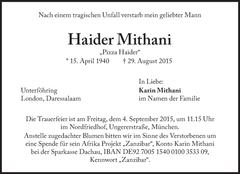  Traueranzeige für Haider Mithani vom 01.09.2015 aus Süddeutsche Zeitung