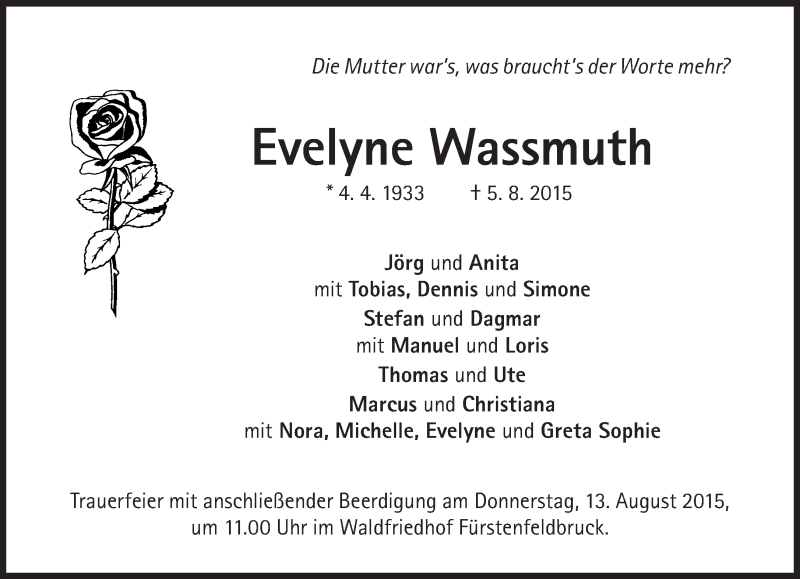  Traueranzeige für Evelyne Wassmuth vom 08.08.2015 aus Süddeutsche Zeitung