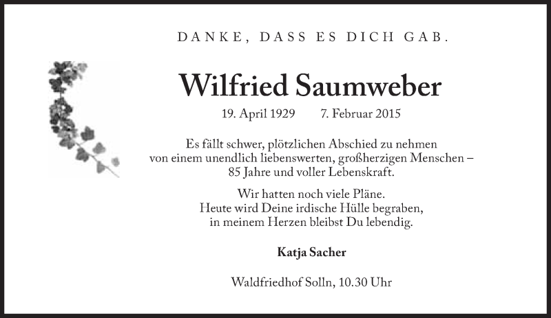  Traueranzeige für Wilfried Saumweber vom 12.02.2015 aus Süddeutsche Zeitung