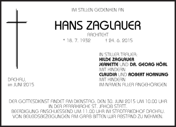 Traueranzeige von Hans Zaglauer von Süddeutsche Zeitung