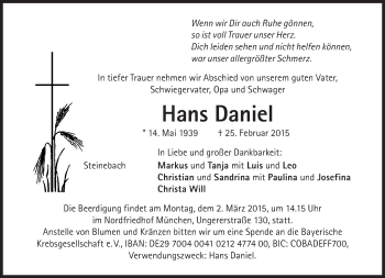 Traueranzeige von Hans Daniel von Süddeutsche Zeitung