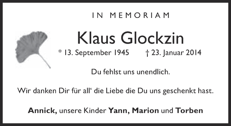  Traueranzeige für Klaus Glockzin vom 23.01.2015 aus Süddeutsche Zeitung