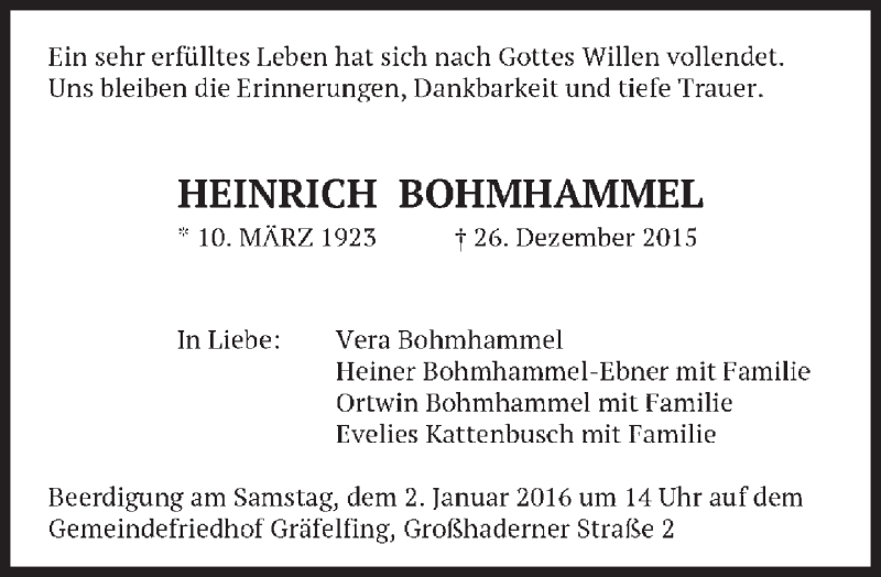  Traueranzeige für Heinrich Bohmhammel vom 29.12.2015 aus Süddeutsche Zeitung