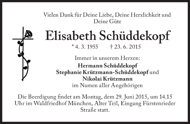  Traueranzeige für Elisabeth Schüddekopf vom 27.06.2015 aus Süddeutsche Zeitung