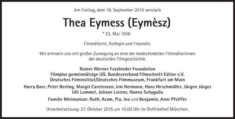 Traueranzeige für Thea Eymess vom 02.10.2015 aus Süddeutsche Zeitung