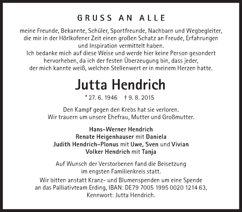 Traueranzeige für Jutta Hendrich vom 14.08.2015 aus Süddeutsche Zeitung