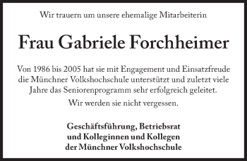 Traueranzeige von Gabriele Forchheimer von Süddeutsche Zeitung