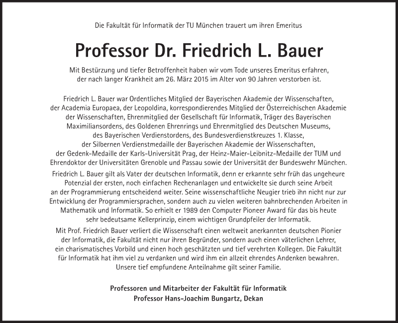  Traueranzeige für Friedrich L. Bauer vom 31.03.2015 aus Süddeutsche Zeitung