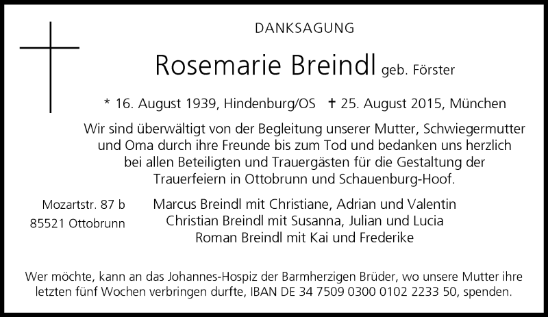  Traueranzeige für Rosemarie Breindl vom 05.09.2015 aus Süddeutsche Zeitung