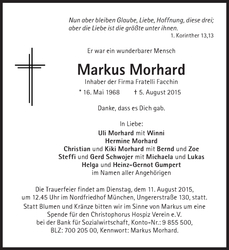  Traueranzeige für Markus Morhard vom 08.08.2015 aus Süddeutsche Zeitung