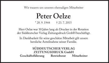 Traueranzeige von Peter Oelze von Süddeutsche Zeitung