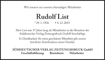 Traueranzeige von Rudolf List von Süddeutsche Zeitung