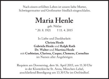 Traueranzeige von Maria Henle von Süddeutsche Zeitung