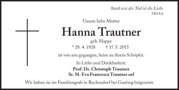 Traueranzeige von Hanna Trautner von Süddeutsche Zeitung