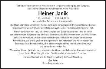 Traueranzeige von Heiner Janik von Süddeutsche Zeitung