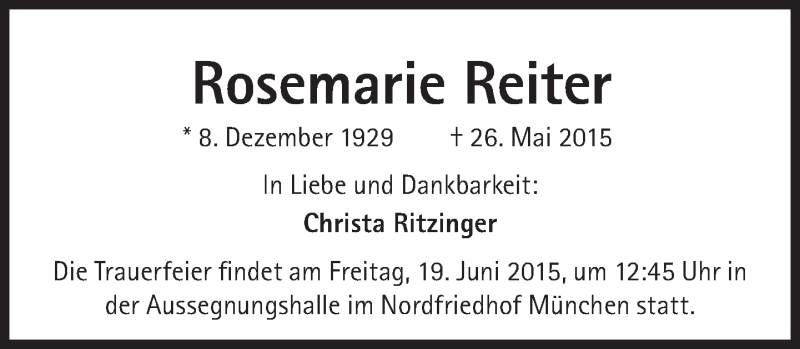  Traueranzeige für Rosemarie Reiter vom 30.05.2015 aus Süddeutsche Zeitung
