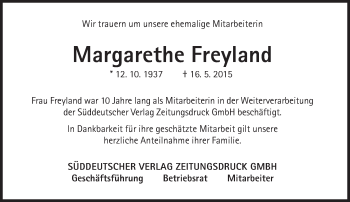 Traueranzeige von Margarethe Freyland von Süddeutsche Zeitung