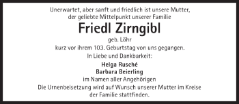 Traueranzeige von Friedl Zirngibl von Süddeutsche Zeitung
