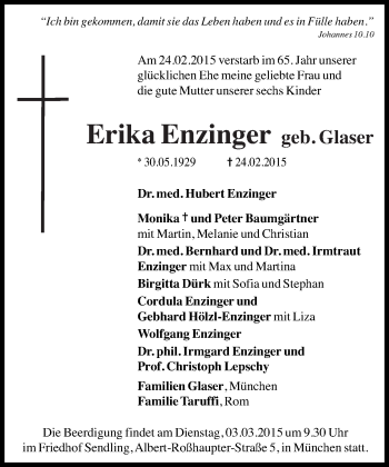 Traueranzeige von Erika Enzinger von Süddeutsche Zeitung