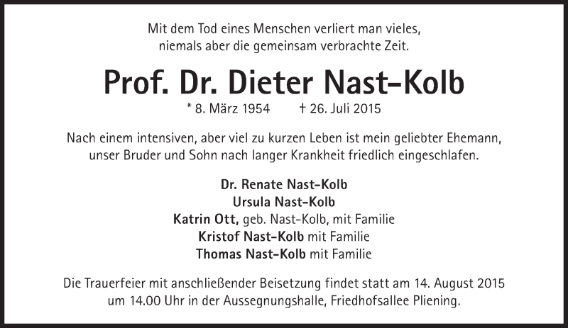  Traueranzeige für Dieter Nast-Kolb vom 01.08.2015 aus Süddeutsche Zeitung