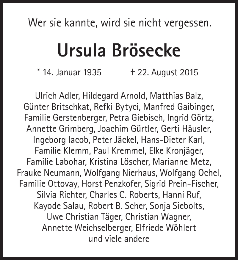  Traueranzeige für Ursula Brösecke vom 12.09.2015 aus Süddeutsche Zeitung