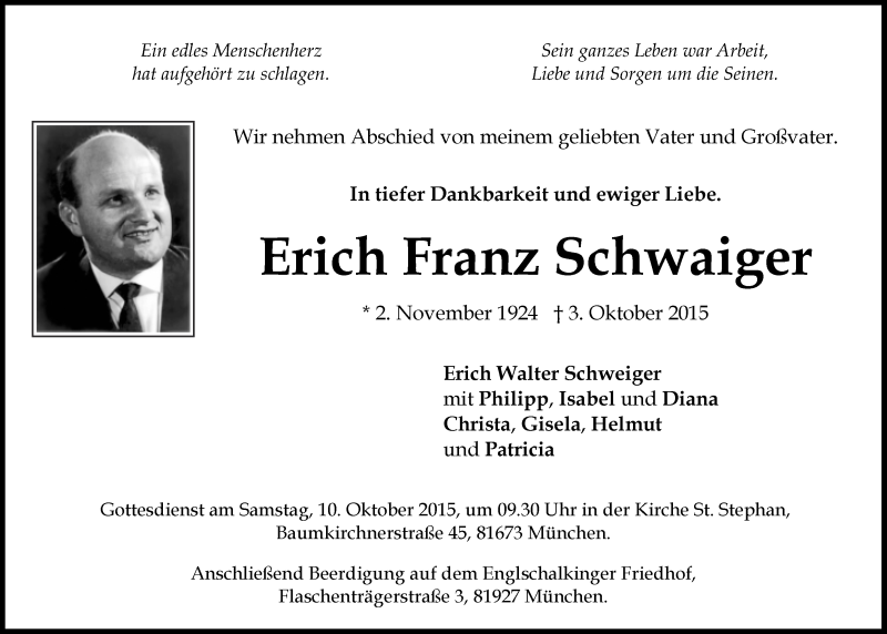  Traueranzeige für Erich Franz Schwaiger vom 07.10.2015 aus Süddeutsche Zeitung