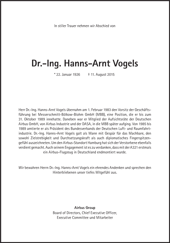  Traueranzeige für Hanns-Arnt Vogels vom 21.08.2015 aus Süddeutsche Zeitung