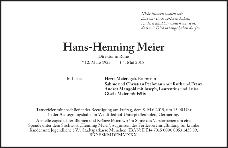  Traueranzeige für Hans-Henning Meier vom 07.05.2015 aus Süddeutsche Zeitung