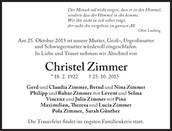 Traueranzeige von Christel Zimmer von Süddeutsche Zeitung