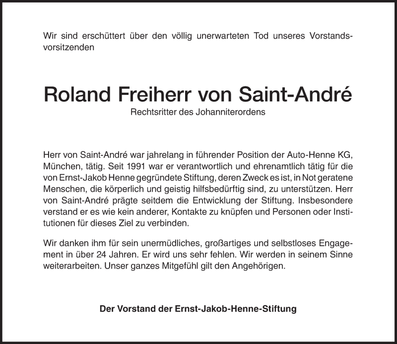  Traueranzeige für Roland Freiherr von Saint-André vom 02.10.2015 aus Süddeutsche Zeitung