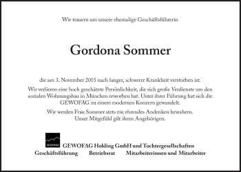 Traueranzeige von Gordona Sommer von Süddeutsche Zeitung