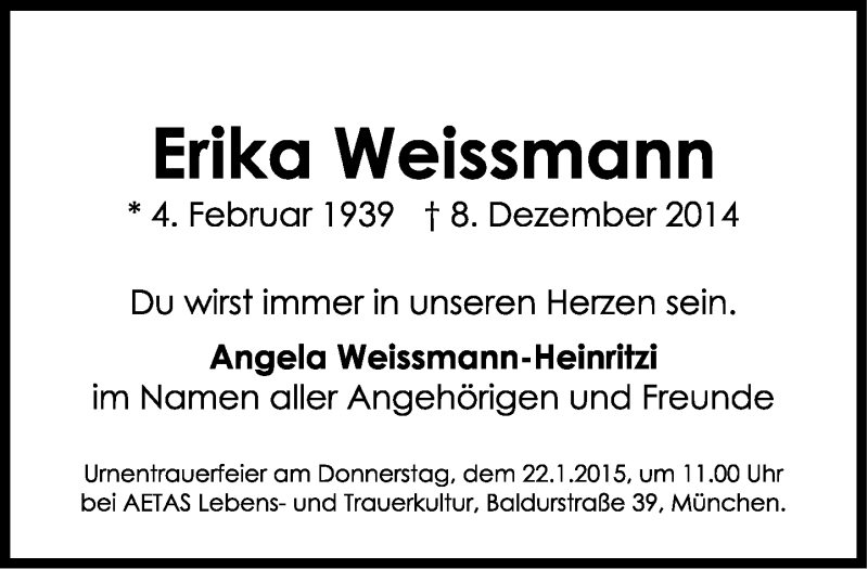  Traueranzeige für Erika Weissmann vom 17.01.2015 aus Süddeutsche Zeitung