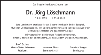 Traueranzeige von Jörg Löschmann von Süddeutsche Zeitung