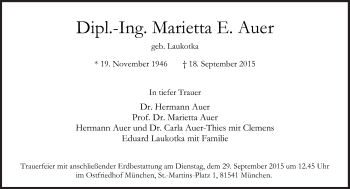 Traueranzeige von Marietta Auer von Süddeutsche Zeitung