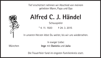 Traueranzeige von Alfred C. J. Händel von Süddeutsche Zeitung