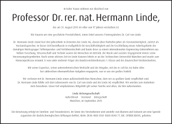 Traueranzeige von Hermann Linde von Süddeutsche Zeitung