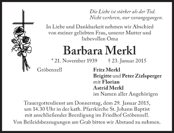 Traueranzeige von Barbara Merkl von Süddeutsche Zeitung