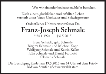 Traueranzeige von Franz-Joseph Schmale von SZ Trauer