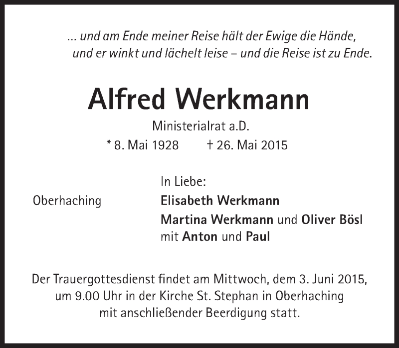  Traueranzeige für Alfred Werkmann vom 30.05.2015 aus Süddeutsche Zeitung