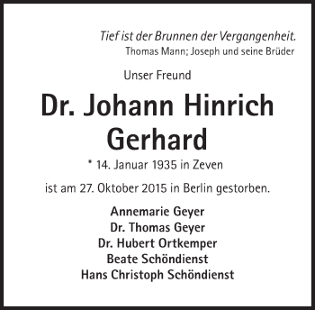 Traueranzeige von Johann Hinrich Gerhard von Süddeutsche Zeitung