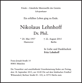 Traueranzeige von Nikolaus Lehnhoff von Süddeutsche Zeitung