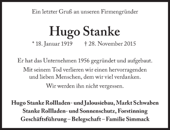 Traueranzeige von Hugo Stanke von Süddeutsche Zeitung