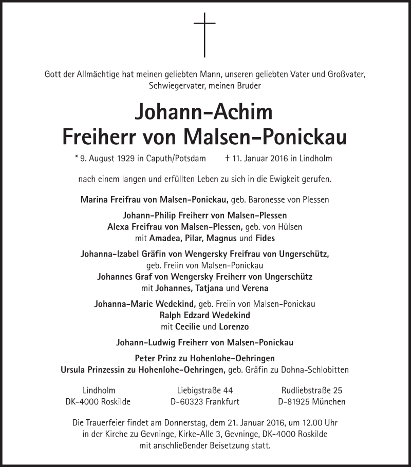  Traueranzeige für Johann-Achim Freiherr von Malsen-Ponickau vom 16.01.2016 aus Süddeutsche Zeitung